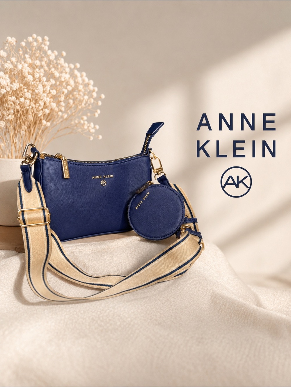 Anne Klein Navy Crossbody with Beige Striped Strap and Coin Pouch